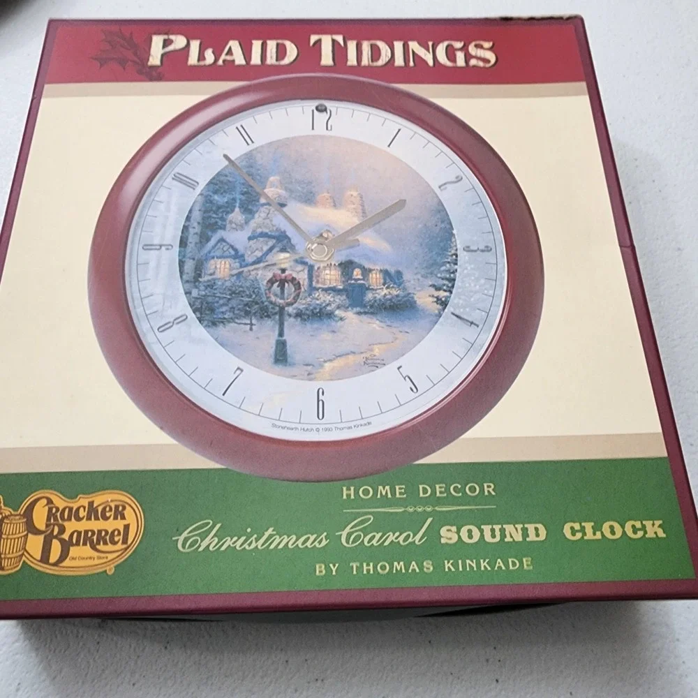 VTG 1993 Cracker Barrel Thomas Kinkade Plaid Tidings Christmas Carol Sound Clock